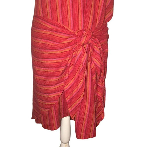 Drew Sz M Women's Striped Red Pink Orange Linen Blend Wrap Waist Tie Front Dress - Picture 5 of 10